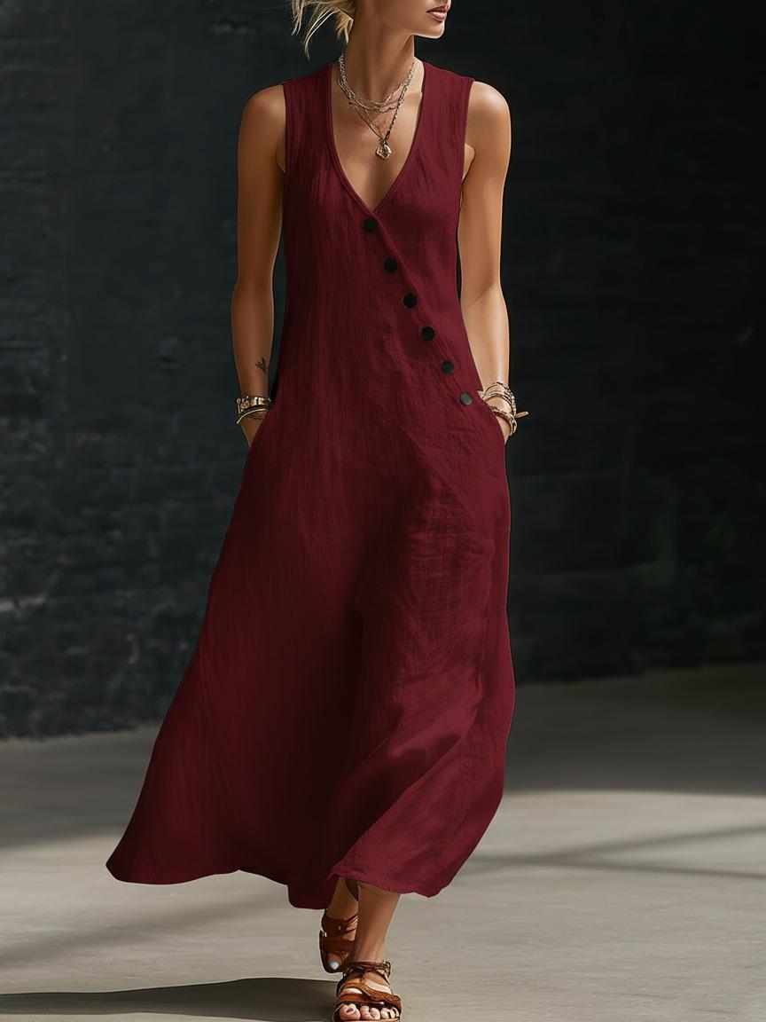 Boho Linen Maxi Dress - Perfect for Beach, Vacation & Brunch! Sleeveless V-Neck Button Detail Casual Dress with Pockets # SleevelessDress # CasualDress # SummerDress # BohoFashion # VNeckDress # DressesForWomen # Outfit of the Day