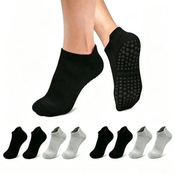 4 Pairs Non Slip Yoga Socks for Women Grip Pilates Barre Socks with Sole Anti-Skid Hospital Socks for Ballet Dance Home Workout Athletic Low Cut Ankle Socks with Heel Tab