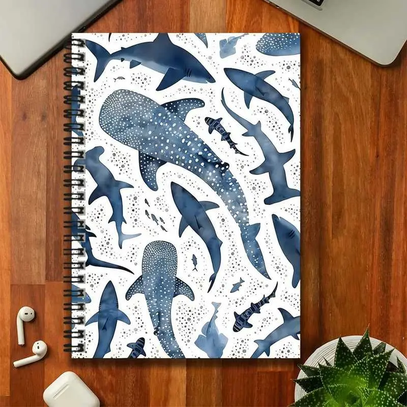 An ocean-themed blue shark-pattern spiral notebook, Illustration Notebook, featuring watercolor shark designs, lively and unique. Suitable for work records, study notes, and as a thoughtful stationery gift for graduations or birthdays