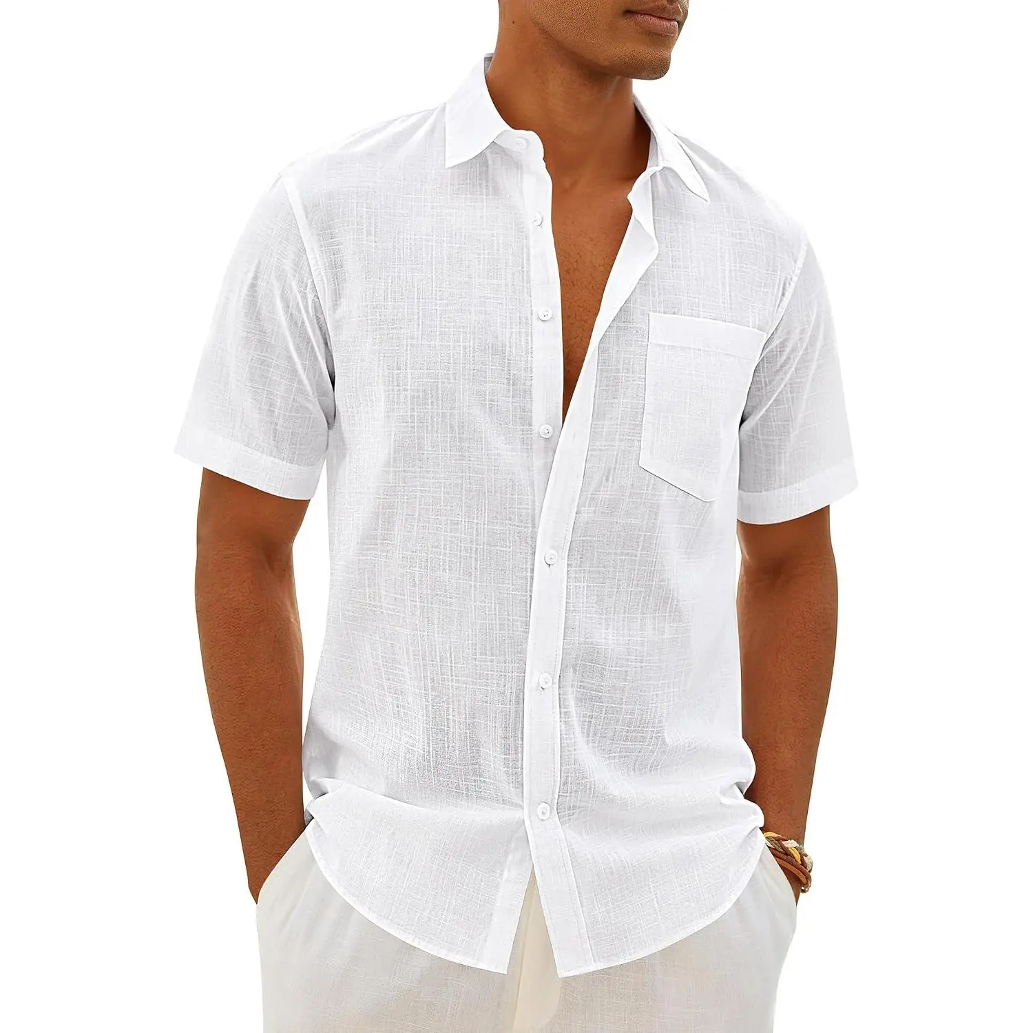 Alimens & Gentle Menswear Mens Linen-Cotton Fabric Plain Short-Sleeve Casual Button-Down Shirt, Lightweight Hippie Tropical Summer Beach Top, Shortsleeve