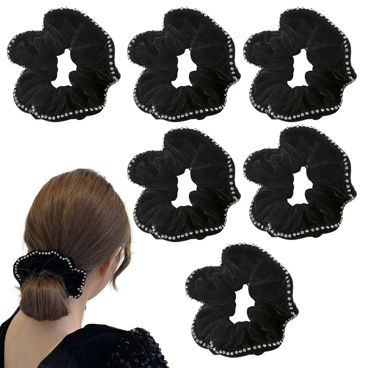 6 PCS Black Velvet Sparkly Diamante Hair Scrunchie,Diamante Hair Scrunchie for Women Girls