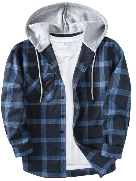 Men's Flannel Hooded Plaid Shirt Jacket, Casual Button-Down Long Sleeve Fashion with Pockets, Stylish Men's Outerwear, Menswear