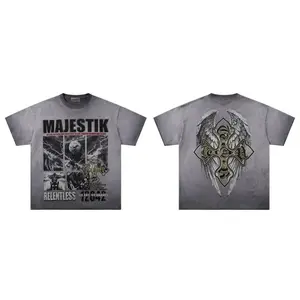 MAJESTIK Unisex Oversized Washed Cotton T-Shirt, Vintage Wash Distressed Raw Edge Rhinestone Graphic Tee, Y2K Hip Hop Streetwear Loose Fit Heavy Sparkle Summer Drop Casual Sports Top for Men Women