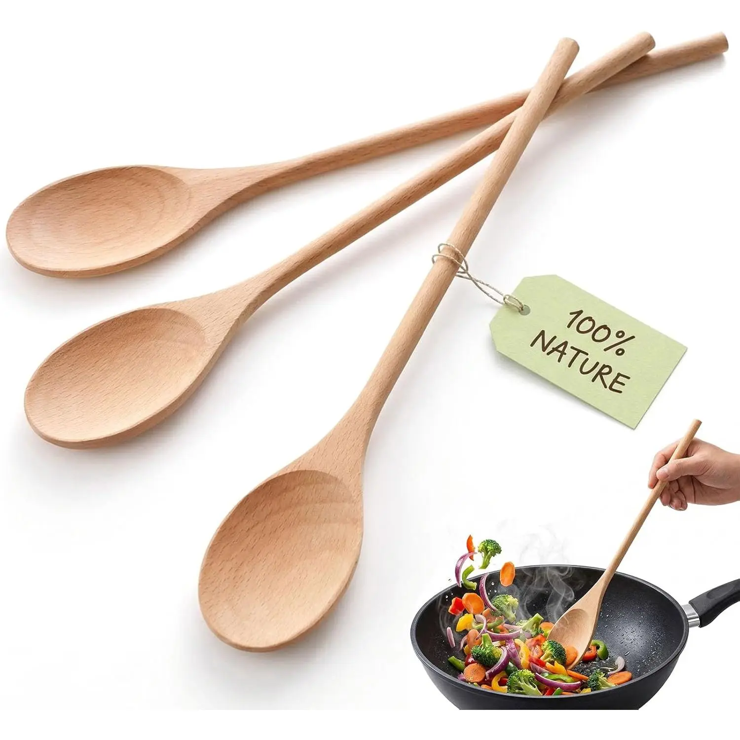 3 count Wooden Spoons for Cooking, 12 Inch Long Handle Mixing Spoons for Baking, Tasting, Stirring , Hot Soups, Large Wooden Utensils for Nonstick Cookwares, Thoughtful Kitchen Gifts