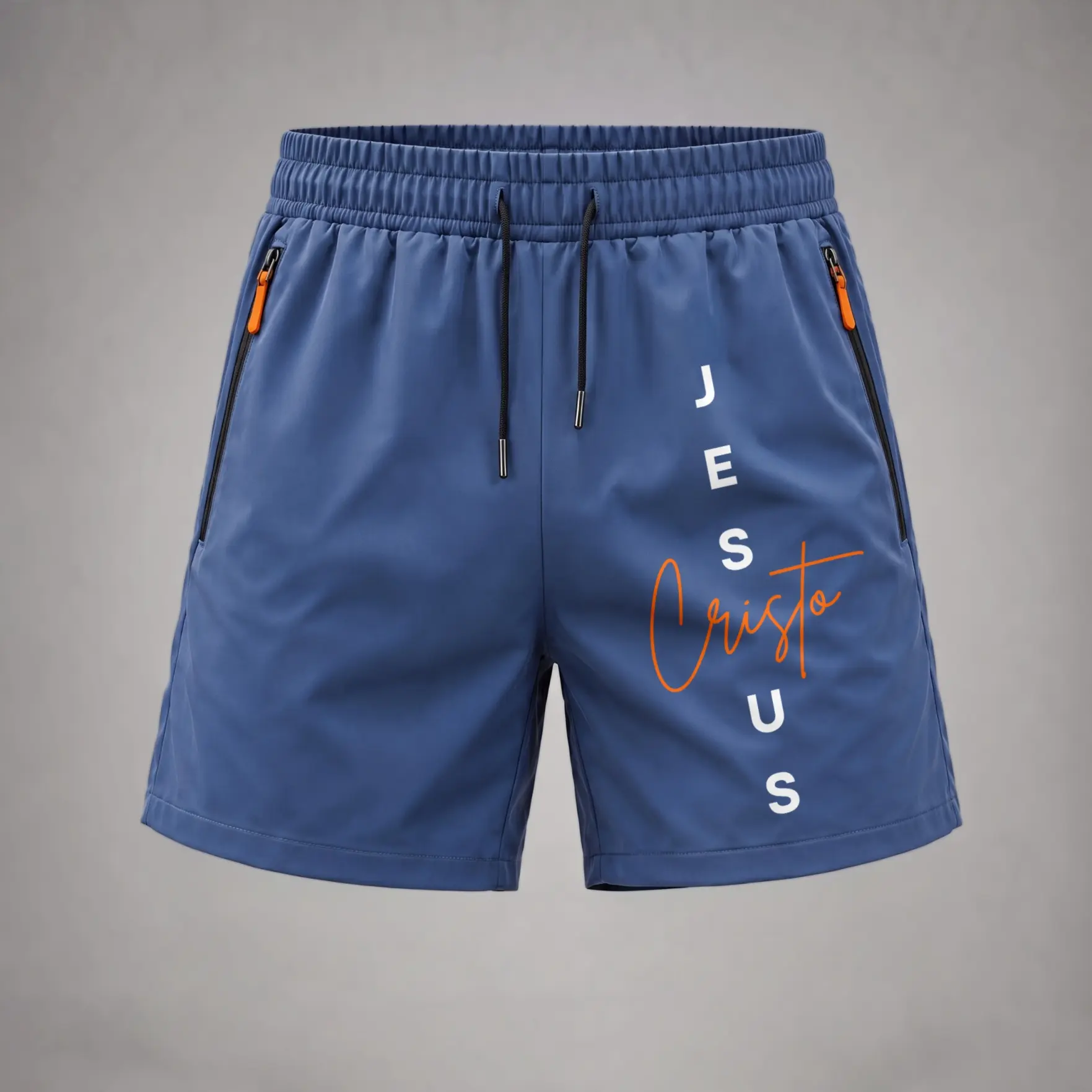 Men's Summer Shorts with Minimalist Jesus Print, Lightweight Soft Polyester Fabric with Drawstring Waist and Pockets, Menswear, Athletic Fit, Garment, Jesus Text, Machine Wash, Side Pockets