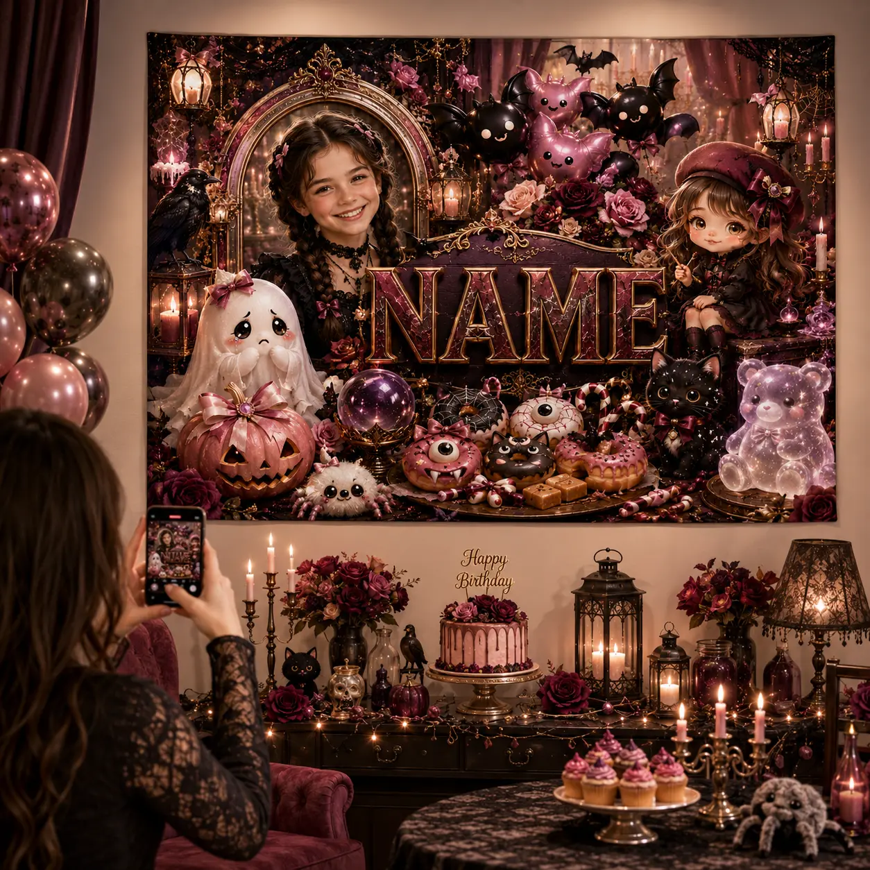 Personalized Gothic Halloween Backdrop with Photo and Name, Cute Bats, Ghosts, Roses, Pumpkins and Candlelight Party Decor