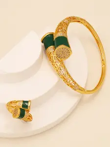 Dubai Women's Bracelet Set with Ring, 21k Gold Plated Arabic Geometric Bracelet, Islamic Lucky Charm, Nigerian Wedding Party Jewelry