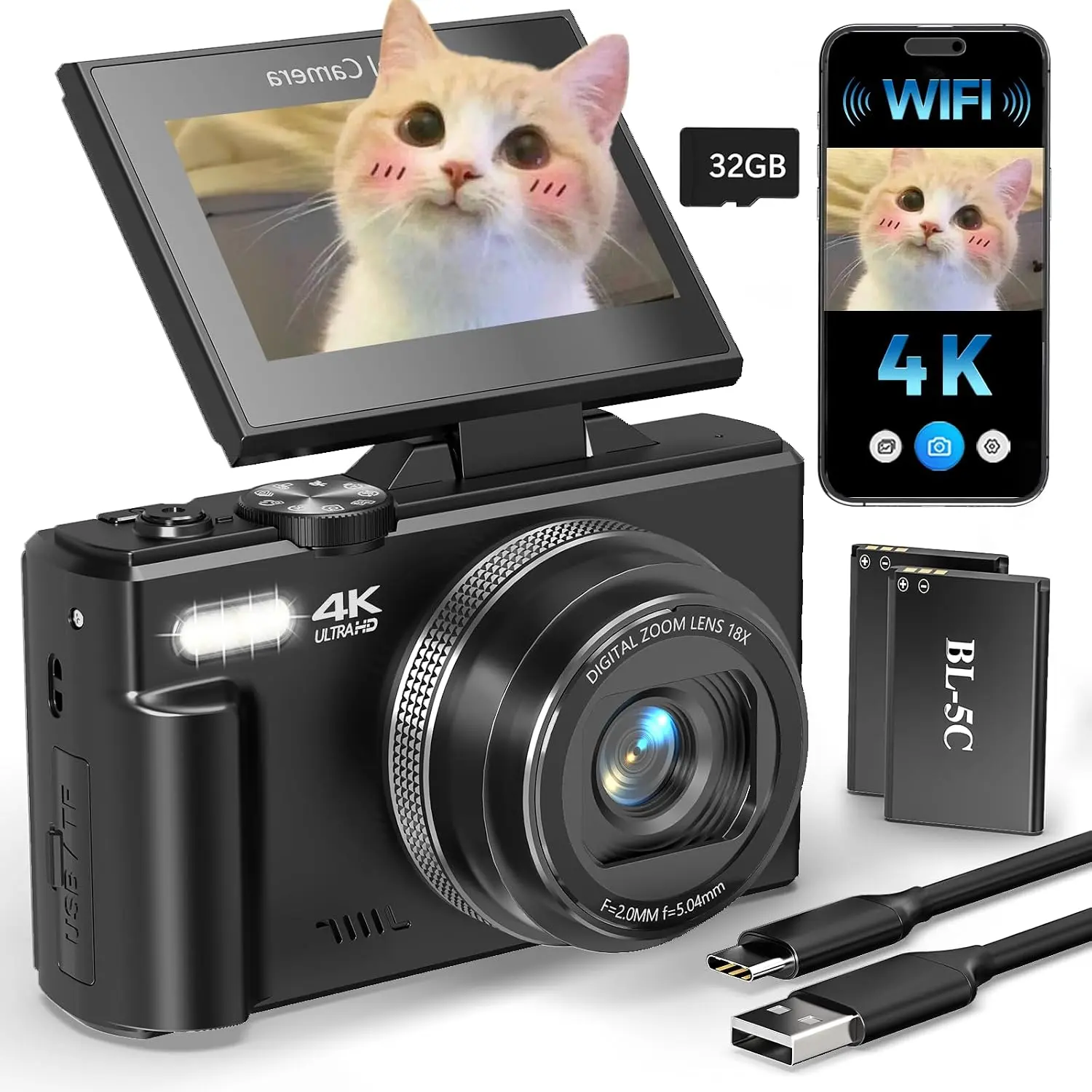 4K Digital Camera for Beginners & Teens, Autofocus Vlogging Camera with 180° Flip Screen, 18X Zoom, Easy-to-Use Compact Travel Camera, WiFi, 2 , 32GB Card