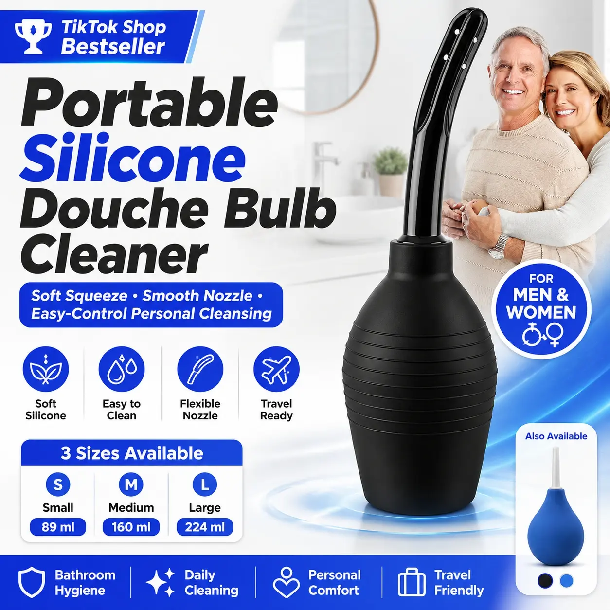 Portable Silicone Douche Bulb Cleaner, 89ml Soft Squeeze Personal Irrigation Bottle with Long Smooth Nozzle, Easy-Control Handheld Cleansing Tool for Men and Women, Intimate Care, Bathroom Hygiene, Travel, Daily Cleaning and Private Area Freshness
