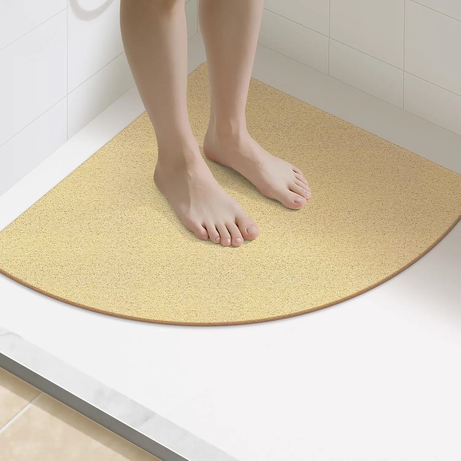 Triangle Shower Mat, 23.6" x 23.6" Loofah Corner Shower Mat, Beige | Soft PVC Corner Shower Floor Mat without Suction Cups, Cutable Anti Slip Walk in Shower Mats for Inside Shower