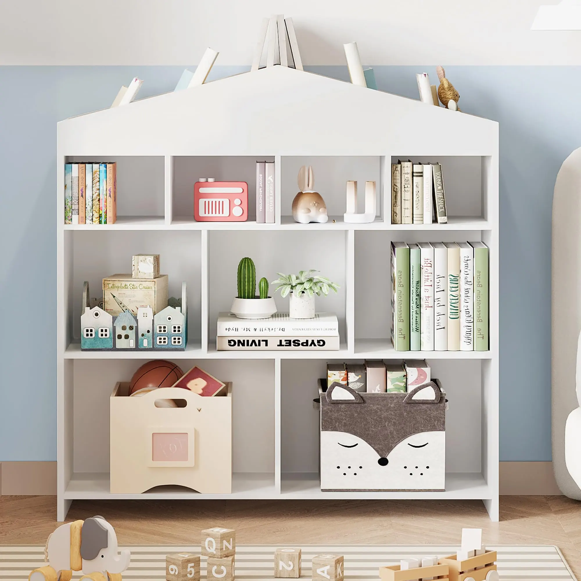 Kids House-Shaped Bookshelf with 15 Cubes – 4-Tier Wooden Bookcase & 9-Cubby Toy Organizer – Multi-Functional Storage Shelf for Playroom, Nursery, Study Area, Sturdy, White