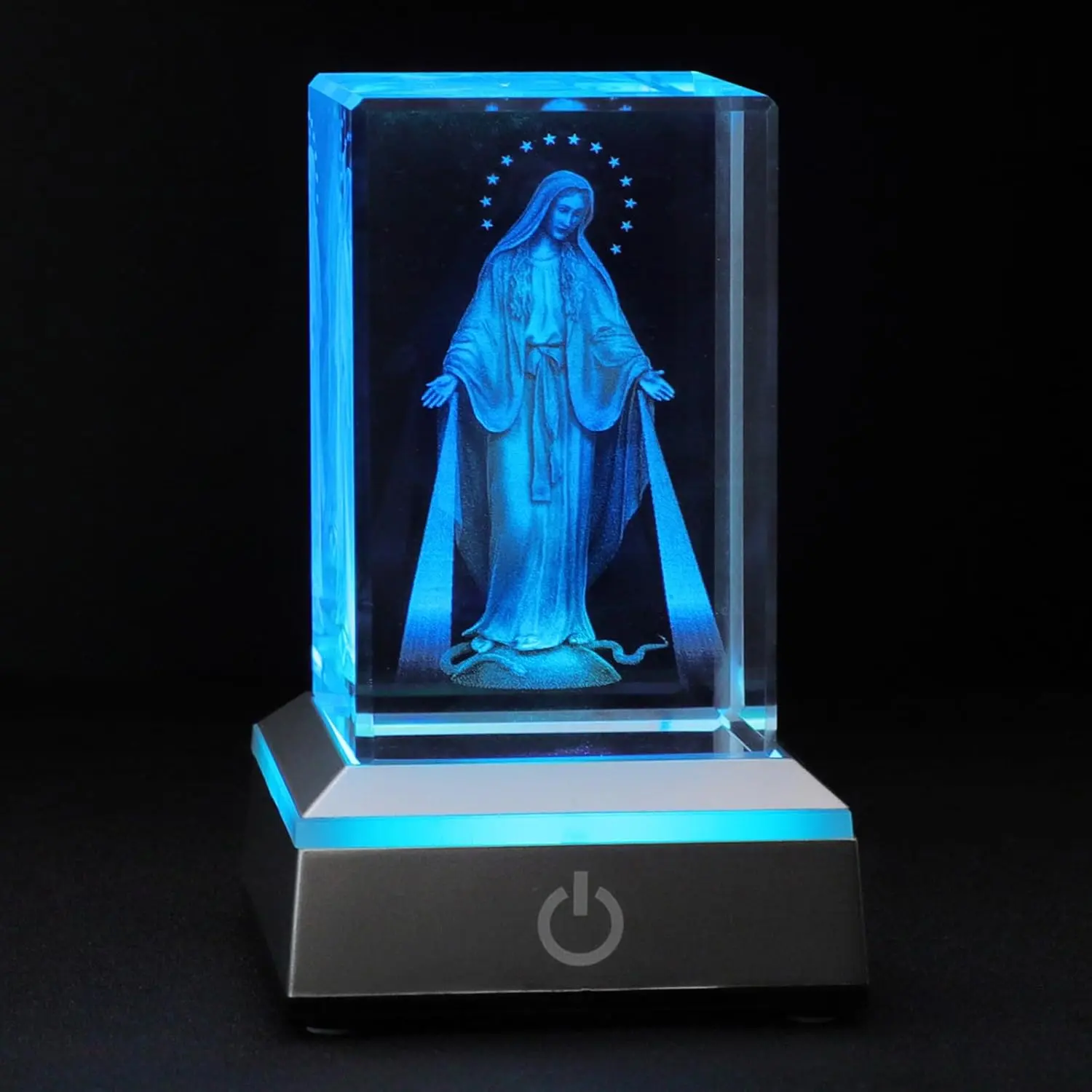 KOMI 3D Crystal Virgin Mary Figurine with LED Light Base & Gift Box, Engraved Christian Catholic Statue, Bedroom Night Light, Men’s Home Decor Accent