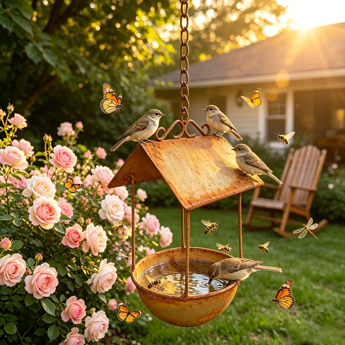 1PC Rust Metal Hanging Bird Feeder, Hanging Bird Feeders for Outdoors, Iron Bird Feeding and Water Bowl for Garden, Patio and Yard, Outdoor Bird Feeder for Wild Birds, Garden Ornament, Ideal Gift for Bird and Nature Lovers