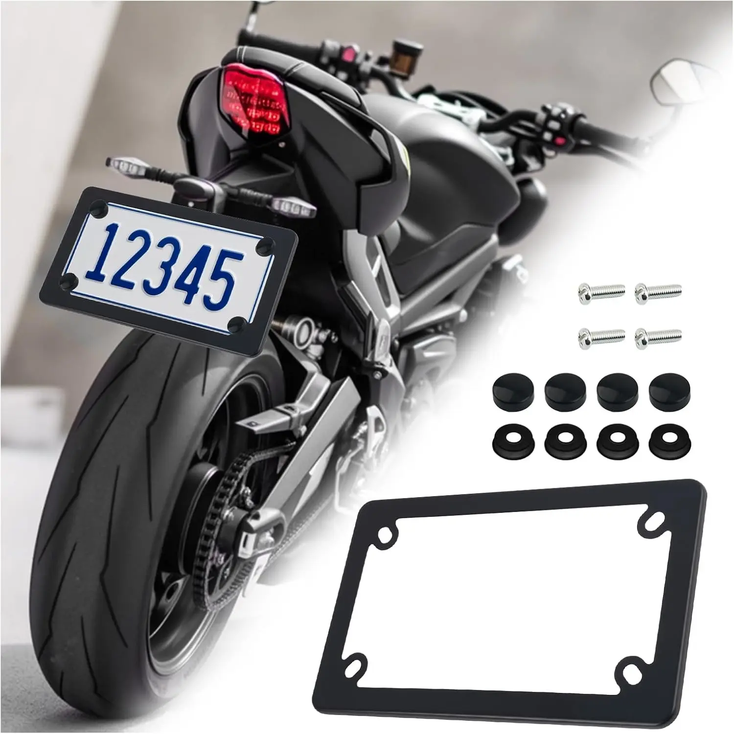 Stainless Steel Motorcycle License Plate Frame Kit with Screw Caps & Screws, Professional Motorcycle Accessories