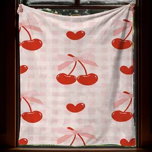 1Pc Flannel Blanket With Cherries And Hearts Design Soft Warm Cozy For Christmas Bedding Gift Idea