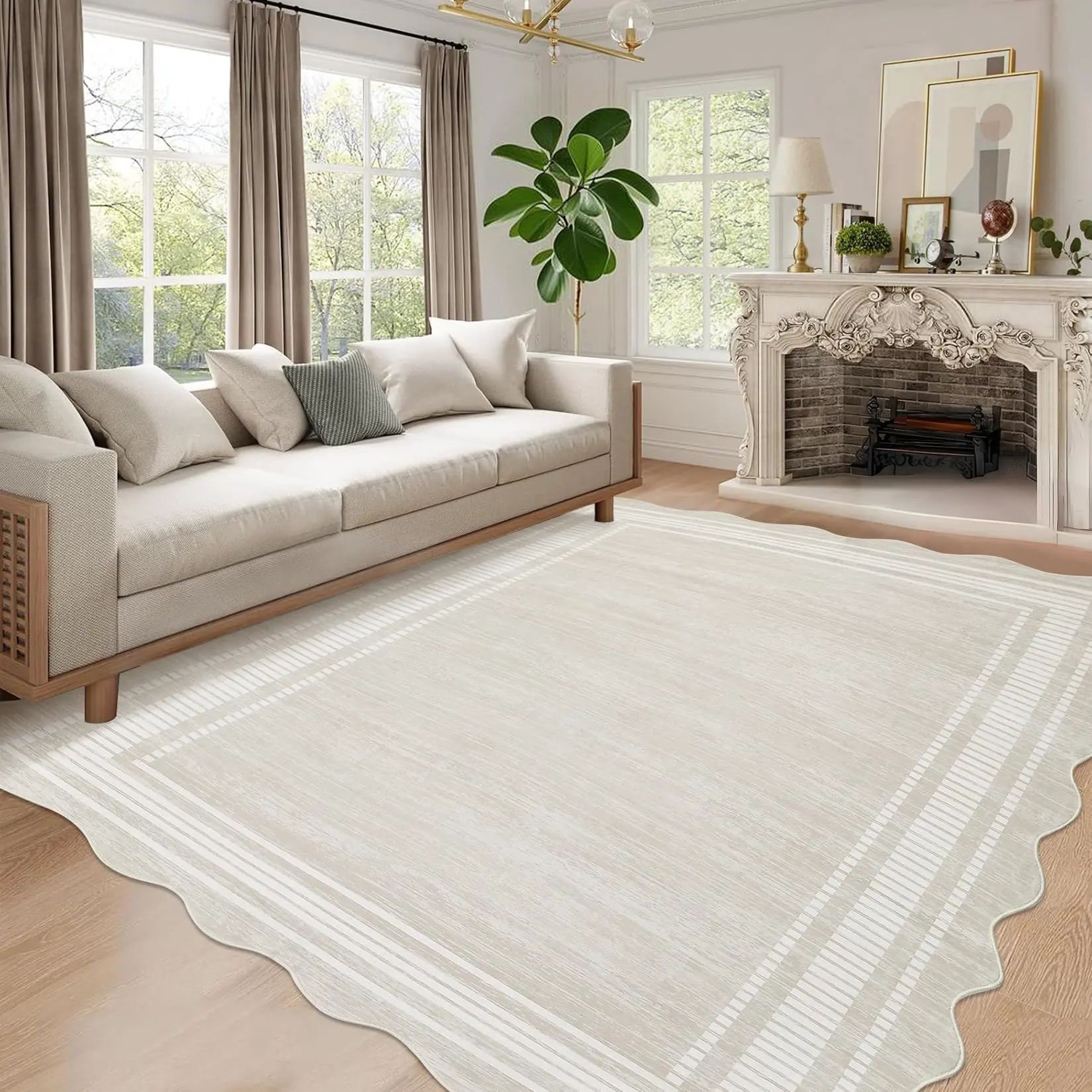 GARVEEScalloped 5x7 Rugs Washable Area Rugs for Living Room, Modern Bordered Solid Rug for Bedroom, Abstract Scalloped Non-Slip Stain Resistant Carpet for Dining Room Home Office Dorm,Cream