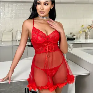 Women's Red Floral Lace Sheer Mesh Babydoll Lingerie Set - Polyester Fits, Spaghetti Straps, Front Tie Chemise Dress With Matching Thong, Valentine's Romantic Sleepwear, S-XL, Babydoll Set