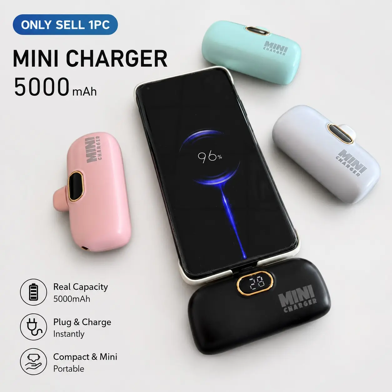 5000mah Mini Portable Chargeable Power Bank, Phone, Lipstick Size, Type-C Direct Output, LCD Display, Eliminate Charging Anxiety, Compact and Lightweight, Rechargeable Power Bank, Portable Rechargeable Battery