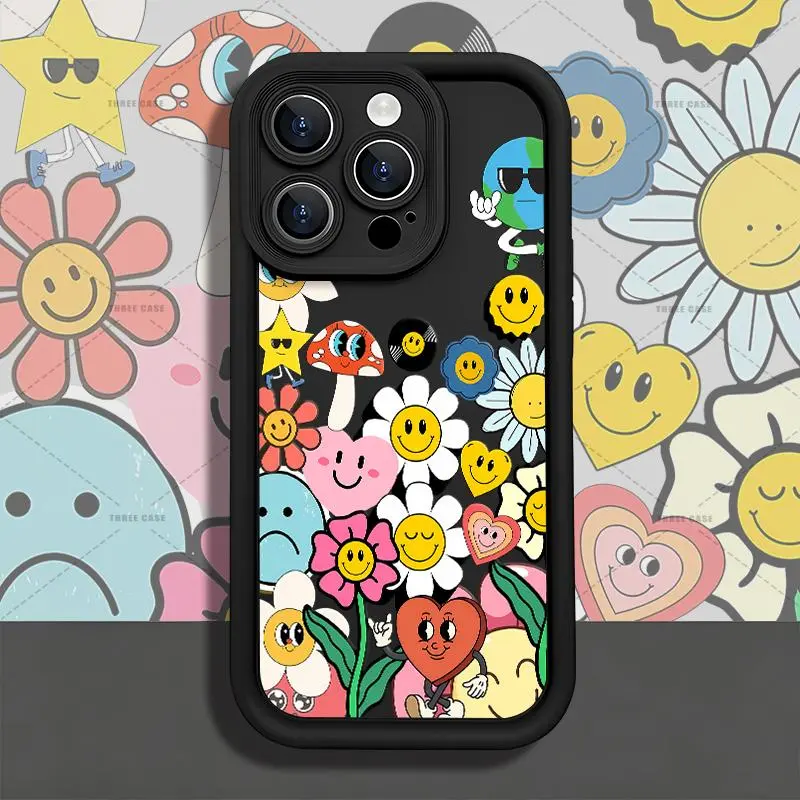 Y2K Happy Face Flowers Phone Case for iPhone 17 AIR 17 PRO 16 PRO 15  PRO MAX  14 PLUS 13 PRO 12 11 PRO XS MAX X XR Plus Shockproof Protective Cover Full Protection Anti-Drop