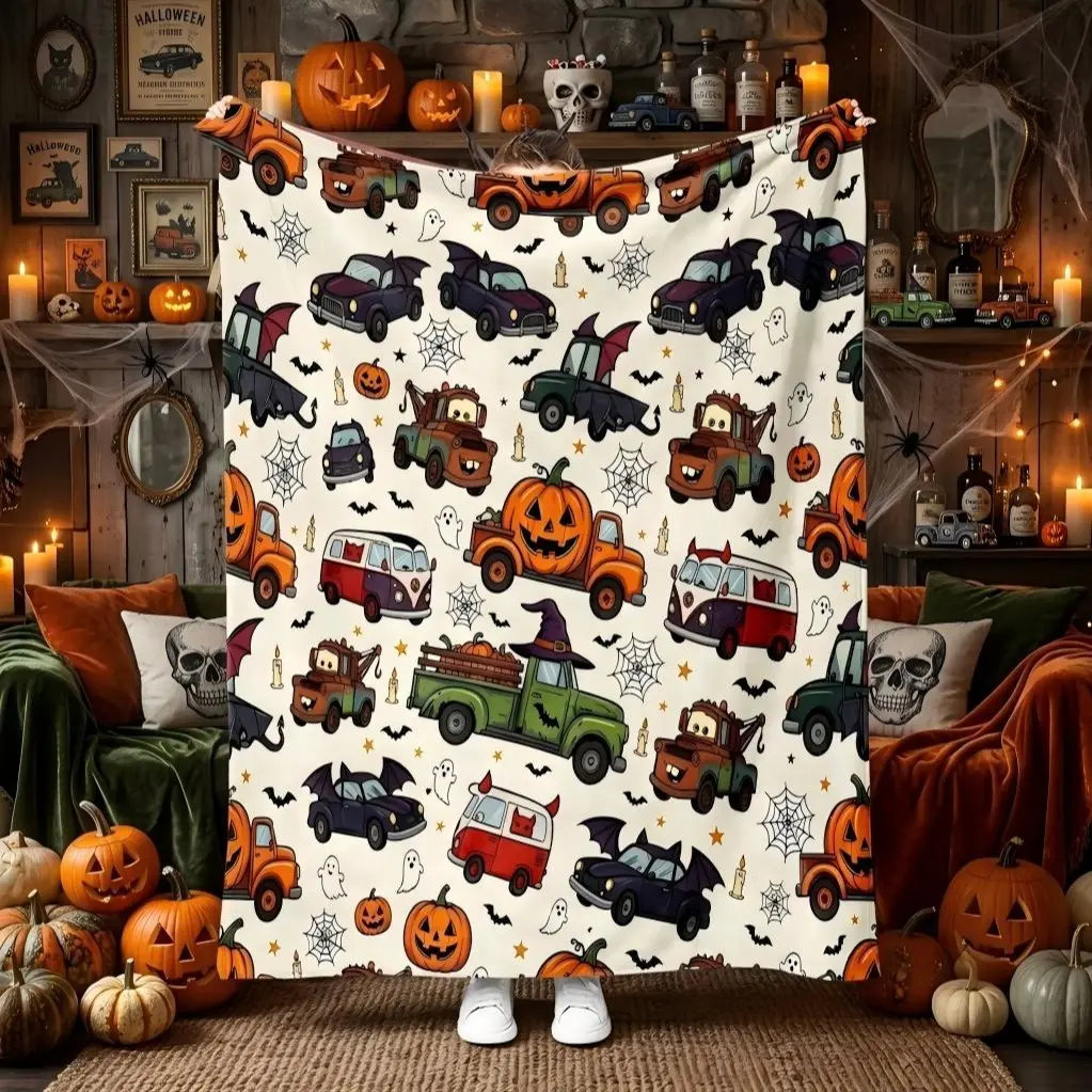 Spooky Season Vintage Truck & Bat Car Plush Throw Blanket, Cute Halloween Pattern, Cozy Fall Decor Gift for Couch Bed, Flannel Printed Blanket