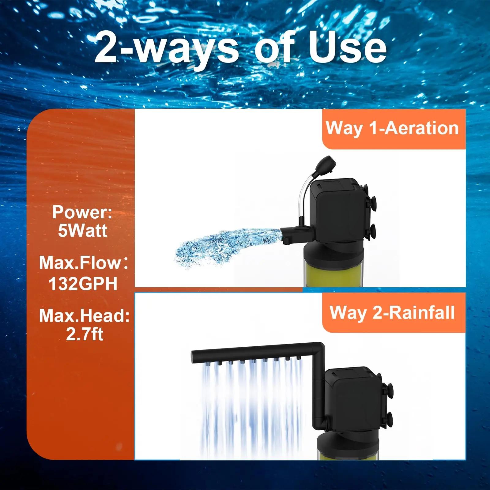 Aquarium Filter Fish Tank Filters Turtle Filter Internal Power Water Filter 3-Stage Filtration with Aeration/Rainfall Modes Flow Rate and Direction Adjustable