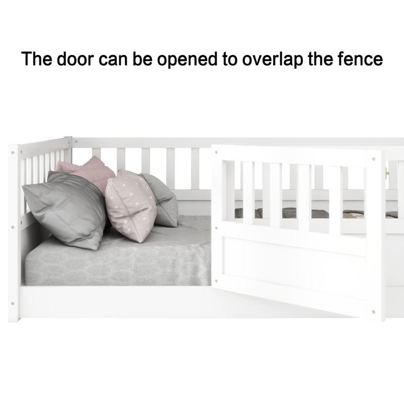 Twin Size Floor Bed, Integral Construction with Super High Security Barrier, Door, Children's Floor Bed Frame, Montessori Wooden Children's Floor Bed