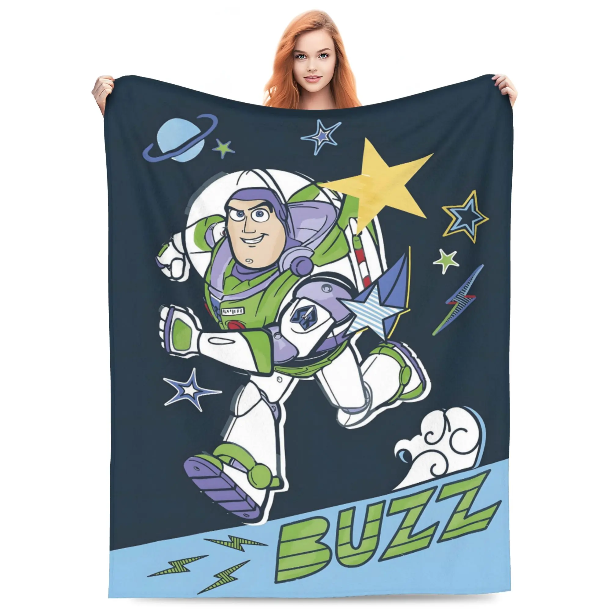 DISNEY CLASSIC Buzz Lightyear Space Sketch Throw Blanket, Toy Story Buzz Walking Astronaut Planet Star Lightning Cartoon Print Flannel Fleece Blanket Soft Cozy Blanket for Sofa Bed Gift for Boys Space Toy Fans
