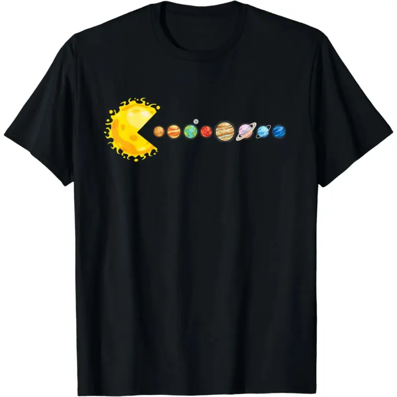 Unisex Cotton Short-Sleeve Astronomy Graphic T-Shirt - Round Neck, Soft Breathable Fabric Outdoor Sports Top with Sun-Eating Planets Space Theme for Men & Women