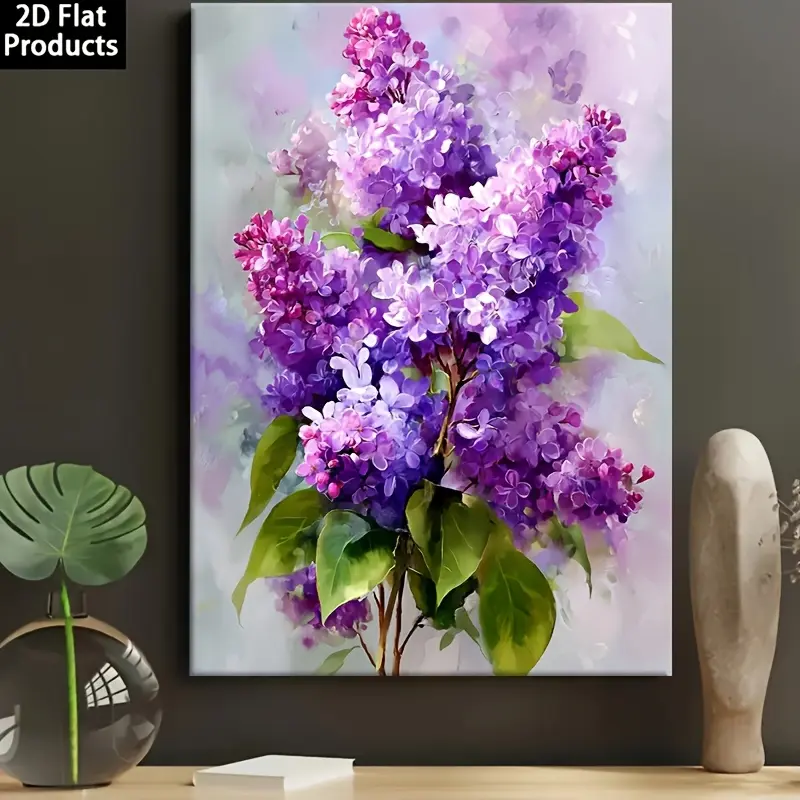 2-D Modern Framed Artistic Lilac Wall Decor - Purple Lavender Bouquet with Green Leaves Canvas Painting, Wrap-Around Frame, for Mothers, Spring/Easter Plant Theme Bedroom Decor