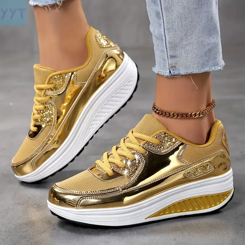 YYT1 Ladies Shiny Reflective Low Top Sneakers, Casual Lace-Up Walking Shoes, Sequin Trim, Light EVA Sole, Breathable Cloth Lining and Insole, Four Seasons Comfort Footwear