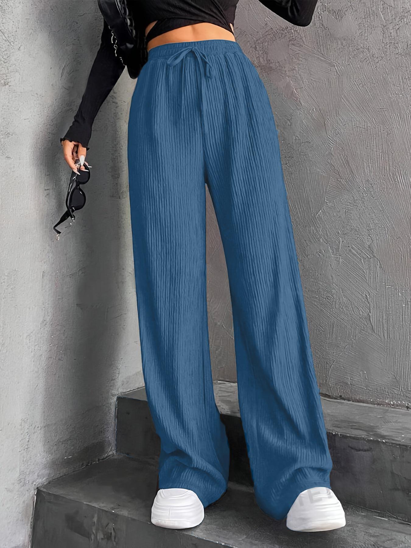 Women's Textured Tie Front Elastic Waist Straight Leg Pants, Casual Comfy Trousers for Daily Wear, Ladies Bottoms for All Seasons