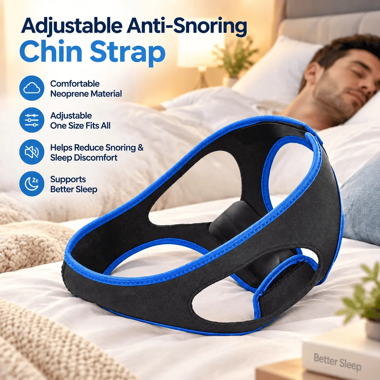 1PC Adjustable anti-snoring Chin Strap: a Comfortable Neoprene Material Sleep Solution for Snoring Relief. the anti-snoring Device for Better Sleep, Non-Slip, 8cm, for Supporting the Jaw During Rest