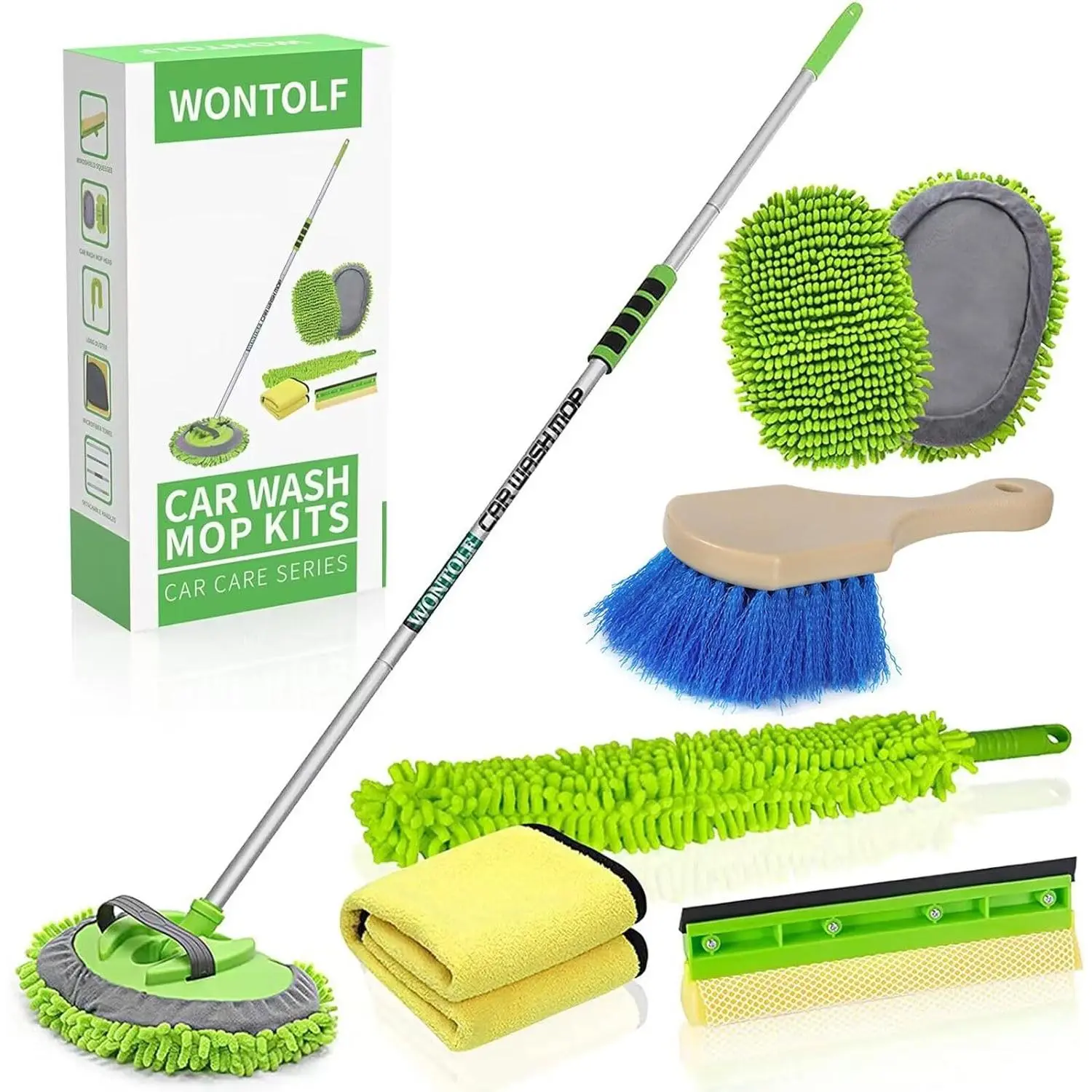 62'' Car Wash Brush with Long Handle Chenille Microfiber Car Wash Mop Mitt Kit Car Detailing Brush Cleaning Kit Window Squeegee Car Duster Drying Towels Tire Brush for Cars RV Truck Boat