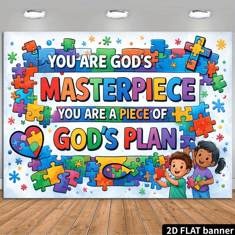 A 2D Colorful Puzzle Fish Backdrop with a Religious Theme, Featuring a White Base with a Colorful Puzzle Border, Multicolored Artistic Text, Colorful Puzzle Pieces, Colorful Puzzle Fish, Colorful Puzzle Hearts, Co