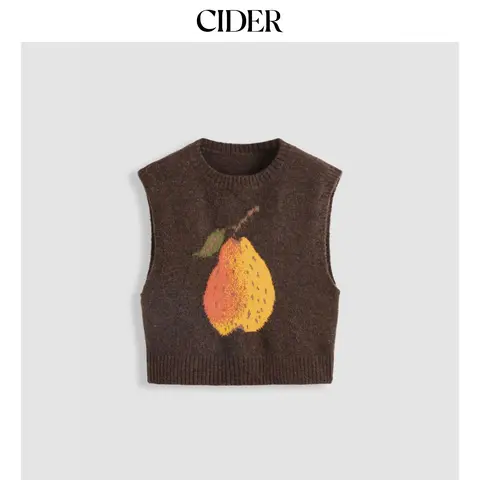 Knit Wool-blend Round Neckline Pear Graphic Vest