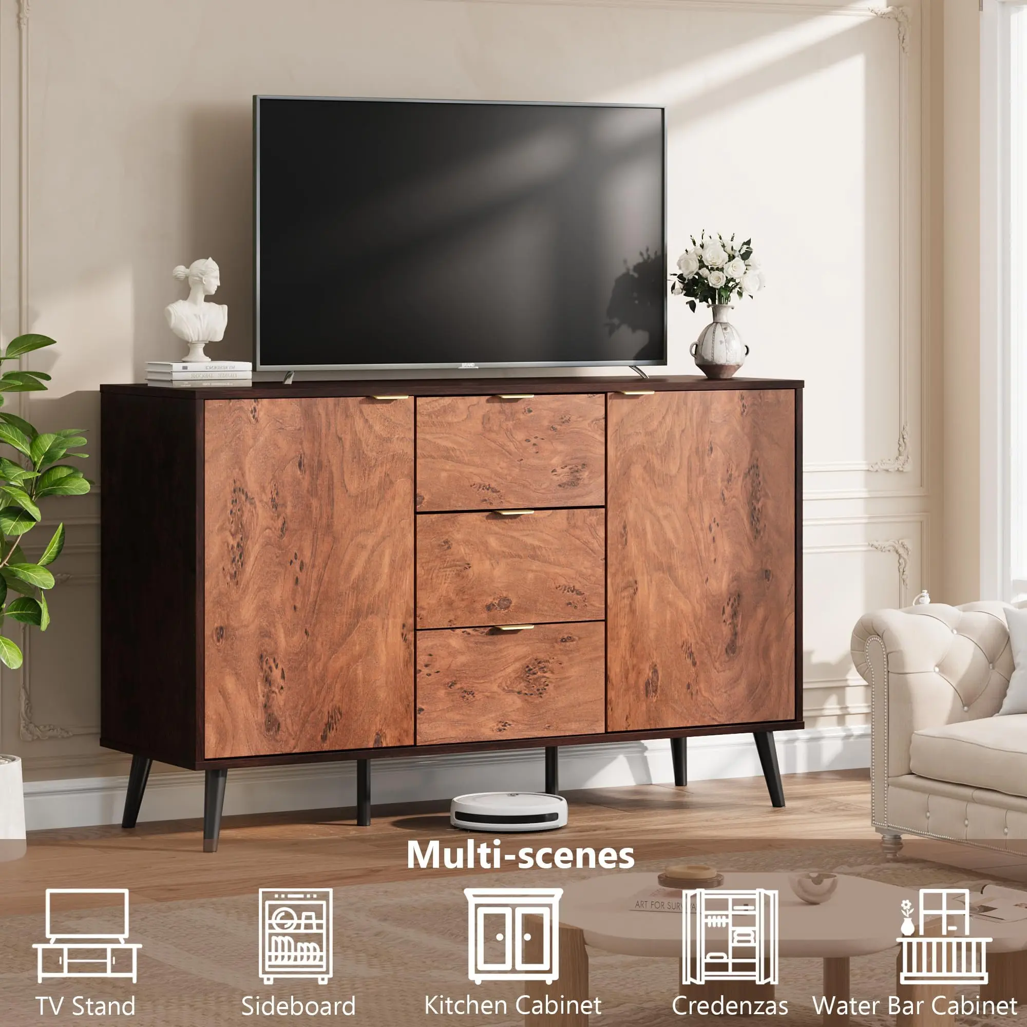 【GARVEE】51.2-Inch Farmhouse Buffet Cabinet – 3 Drawers, Open Shelves and Doors – Walnut Wood Sideboard with Burl Texture, Robot-Friendly Storage Credenza – for Dining Room or Living Room