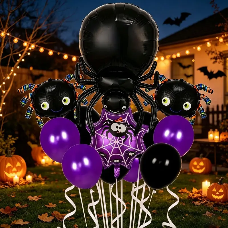 14-Piece Halloween Spider Balloon Set, Spider, Web, Colorful Leg Aluminum Foil, Latex Balloons,Ideal for Halloween yard decorations, children’s trick-or-treat dessert tables, home Halloween parties, kindergarten holiday activities，Halloween Night Market