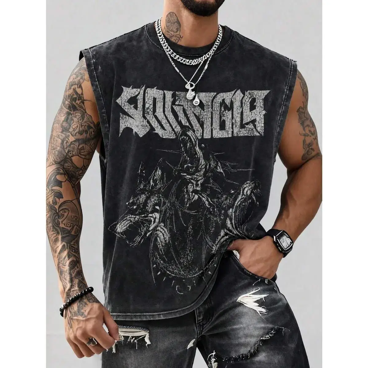 Large Full Front Vertical Sharp Spike Gothic Crack Font Raw Armhole Cut Off Tank, Gym Concert Casual Outdoor Daily Unisex Muscle Tank For Men Women
