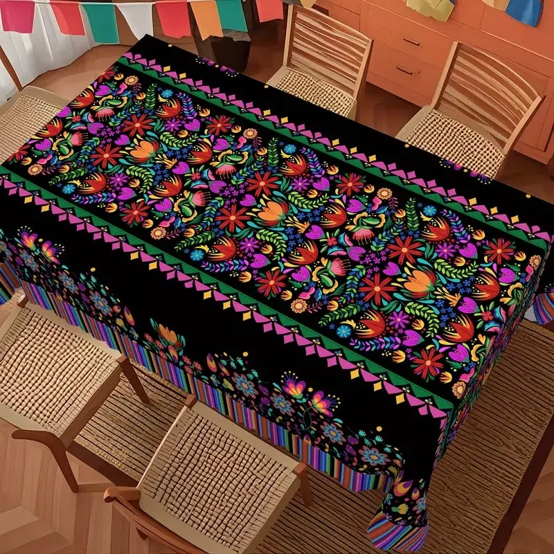 2D Flat Party Tablecloth, Events, Mexican Style, Colorful Floral Pattern, Bold Design, Festive, Indoor/outdoor, Multiple Sizes, Rectangular, No Power Needed