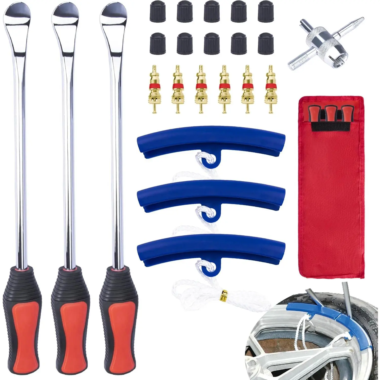 12.2inch Tire lever, off-road motorcycle tire changing tool, tire changing kit |       Tire removal tool, with rim protector, valve tool, valve core and valve cap, suitable for motorcycles, lawn mowers, tractors, bicycles