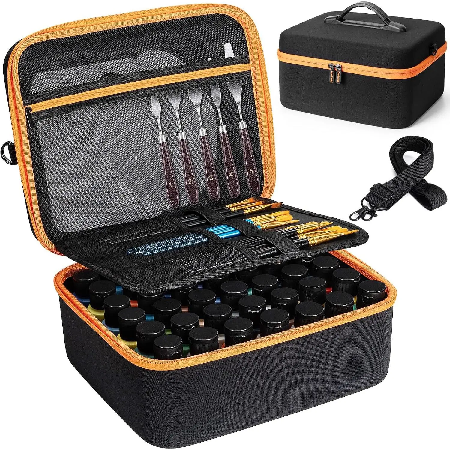 Hard Paint Storage Case for 42 Bottles (2 fl oz), Craft Paint Bottle Organizer, Art Supply Storage Box with Pocket for Paint Brushes, Palette Board & Painting Knives
