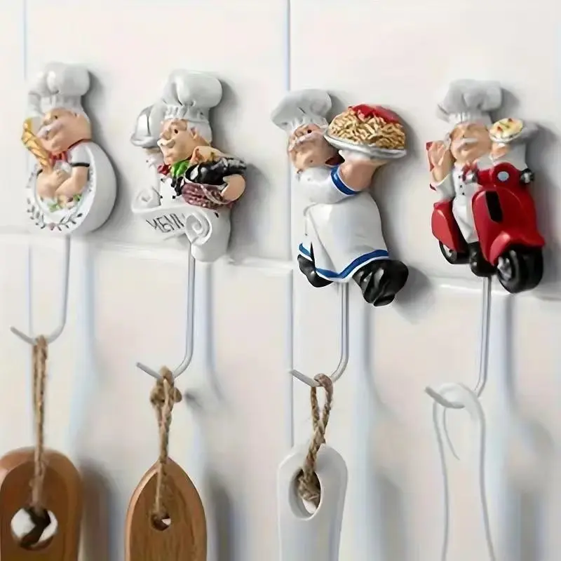 4pcs Chef Doll Wall Decoration Hook, Fat Chef Kitchen Decor, Resin Wall Hook, Sticky Hook for Home, Garden, Garage Organization
