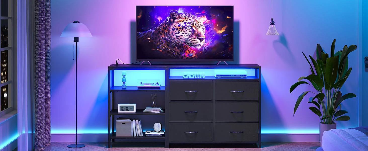 Corner L Shaped LED TV Stand Convertible Dresser Black