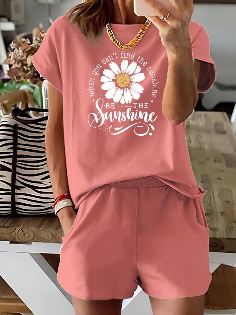 Women's Floral & Letter Print Two-piece Set, Casual Short Sleeve Tee & Elastic Waist Shorts Set, Ladies Summer Outfits for Daily Wear