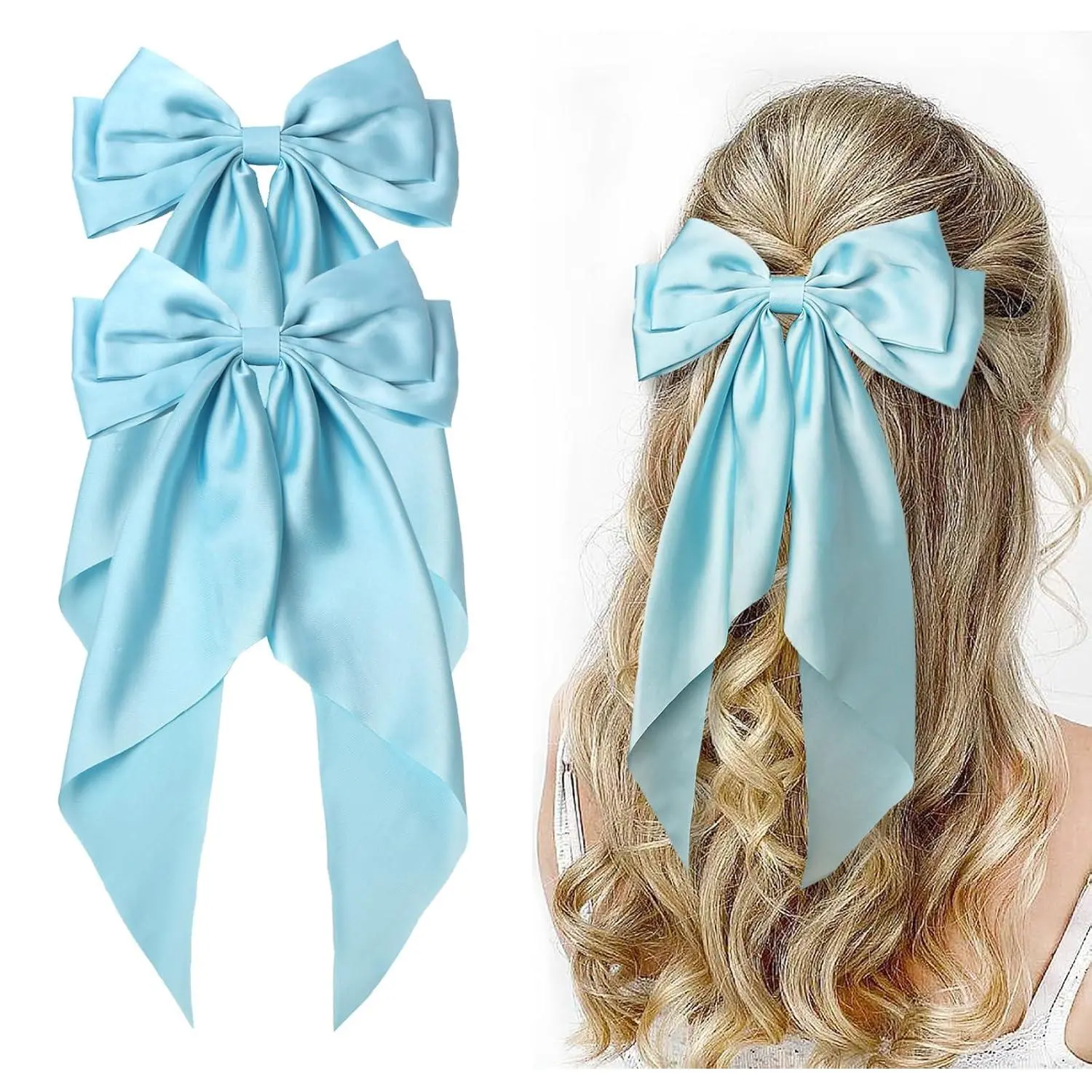 Hair Bows for Women,Large Satin Silky Hair Bow Clips Ribbon Long Tail  Barrette Hair Clamps Ponytail Hair Accessories Party Wedding (Sky Blue)
