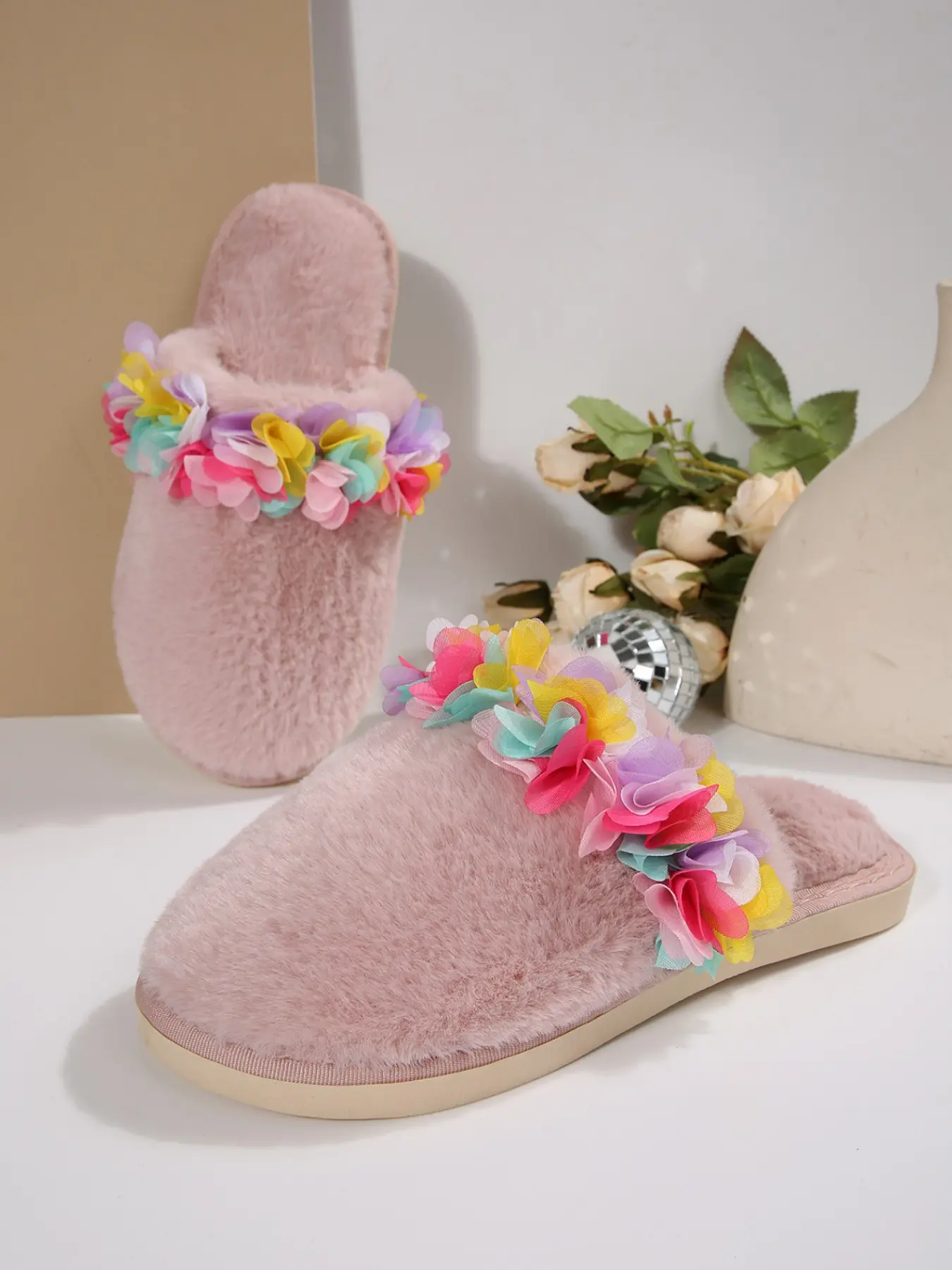 Sweet Girl Atmosphere Nude Fluffy Velvet Flower Slippers, Fall Winter Home Use, Warm Cotton Shoes with 3D Floral Decor