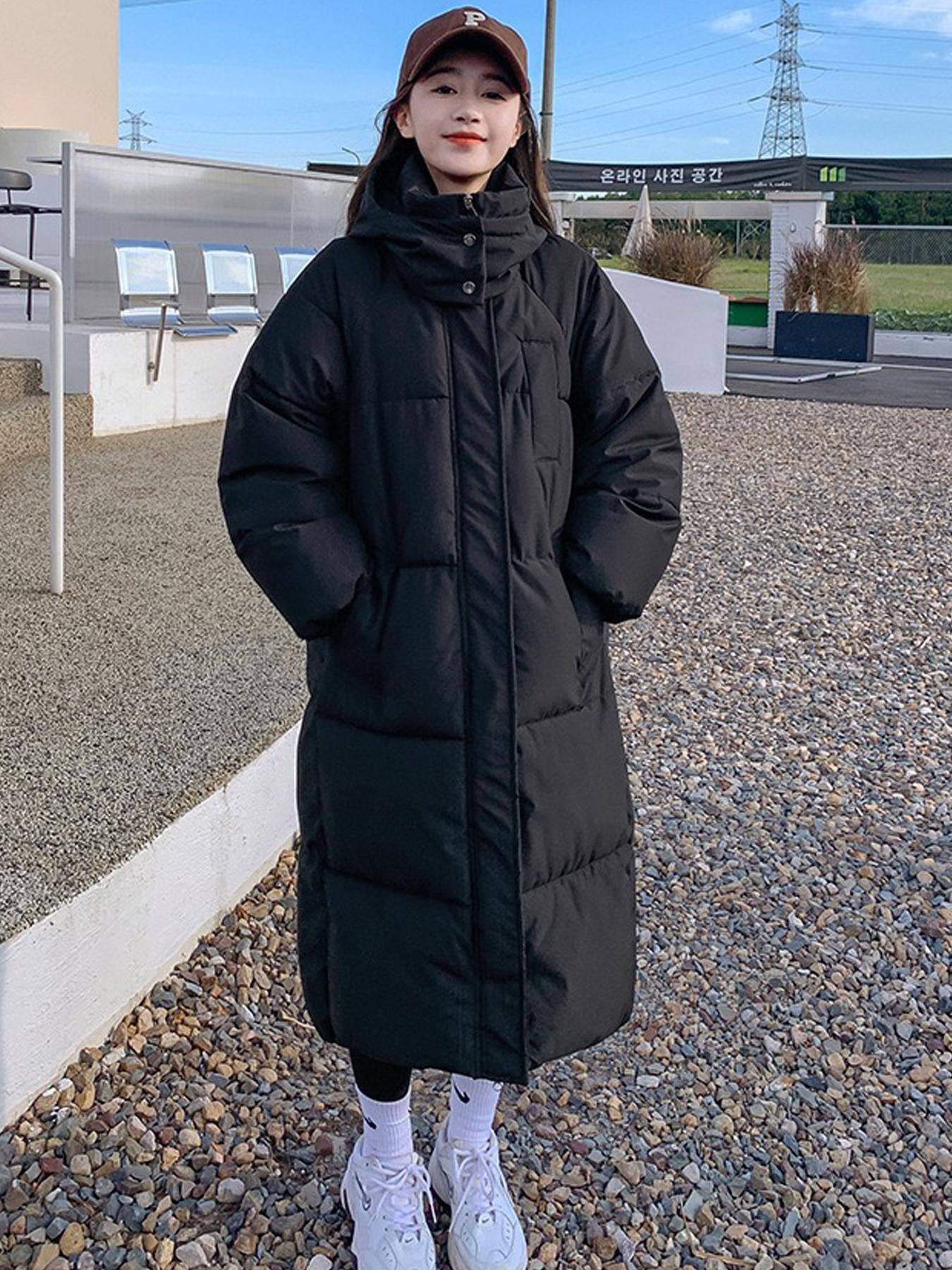 Women's Solid Button Front Pocket Zipper Drop Shoulder Midi Winter Coat, Jackets, Casual Long Puffer Coat For Fall & Winter, Women's Clothing For Daily Wear