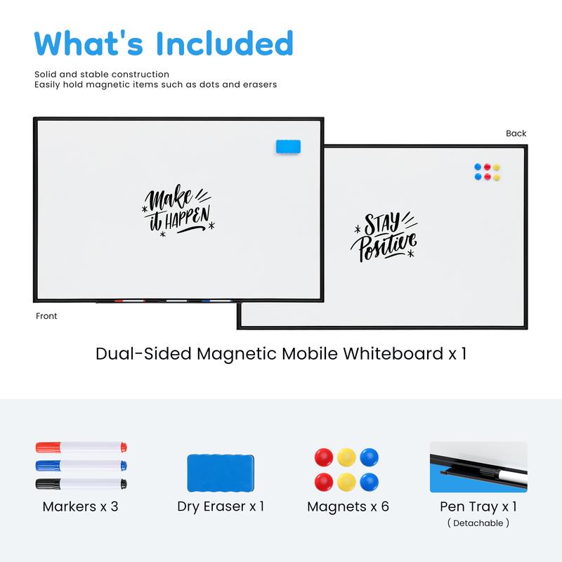 Rolling White Board on Wheels 48" x 32" Large Dry Erase Board with Stand for Home Office School Easy Install Strong Durable Double Sided Height Adjustable Flexible Mobile Use Wheels for Home Office Classroom