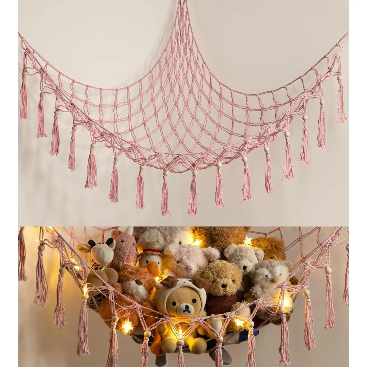 Cotton Star LED Light Stuffed Animal Storage Hammock - Hangable Wall Corner Organizer Net - Pink Home Decor for Teen Girls & Kids
