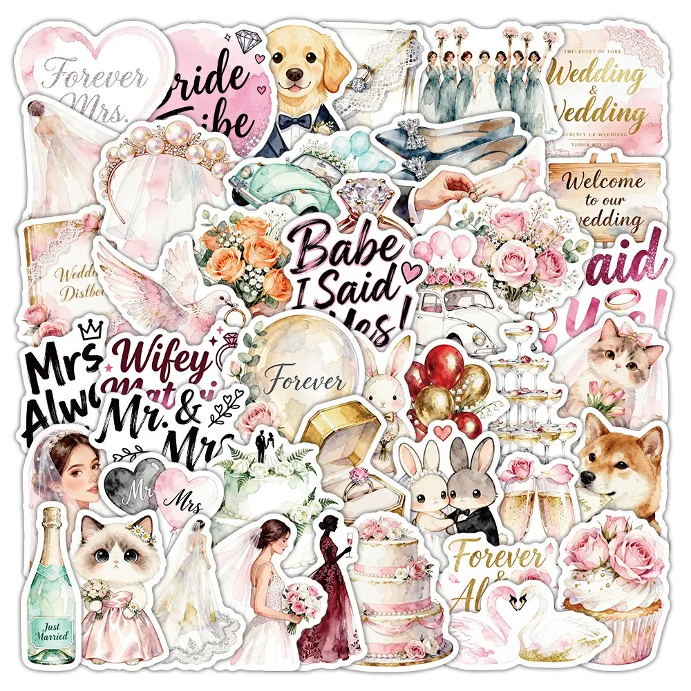 50Pcs Wedding Stickers for Scrapbooking Supplies, for Planner - Anniversary Stickers for Couples - Bridal Shower Decals Vinyl, DIY Sticker, Decorative Decal, Wedding Invitation Decals - Gift for Women & Men